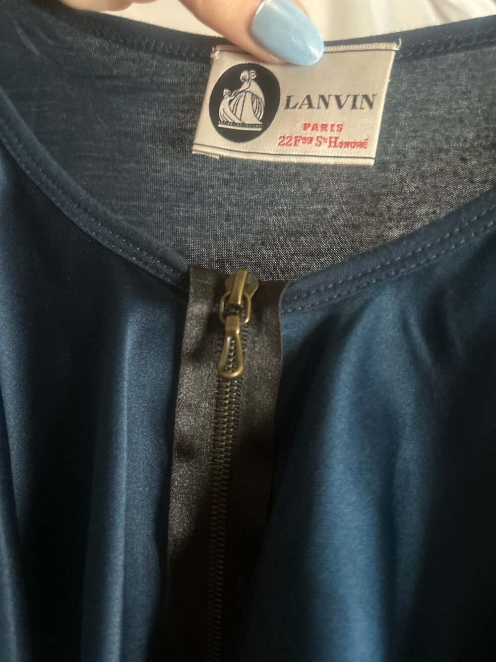 Lanvin Paris Blue Silk Satin Ruffle Front Zip Sleeveless Top